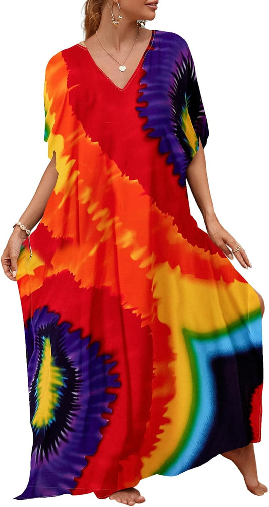 Bsubseach Colorful Beach Cover Up Loose Kaftan Dress Short Sleeve Swimsuit Coverup for Women Rainbow