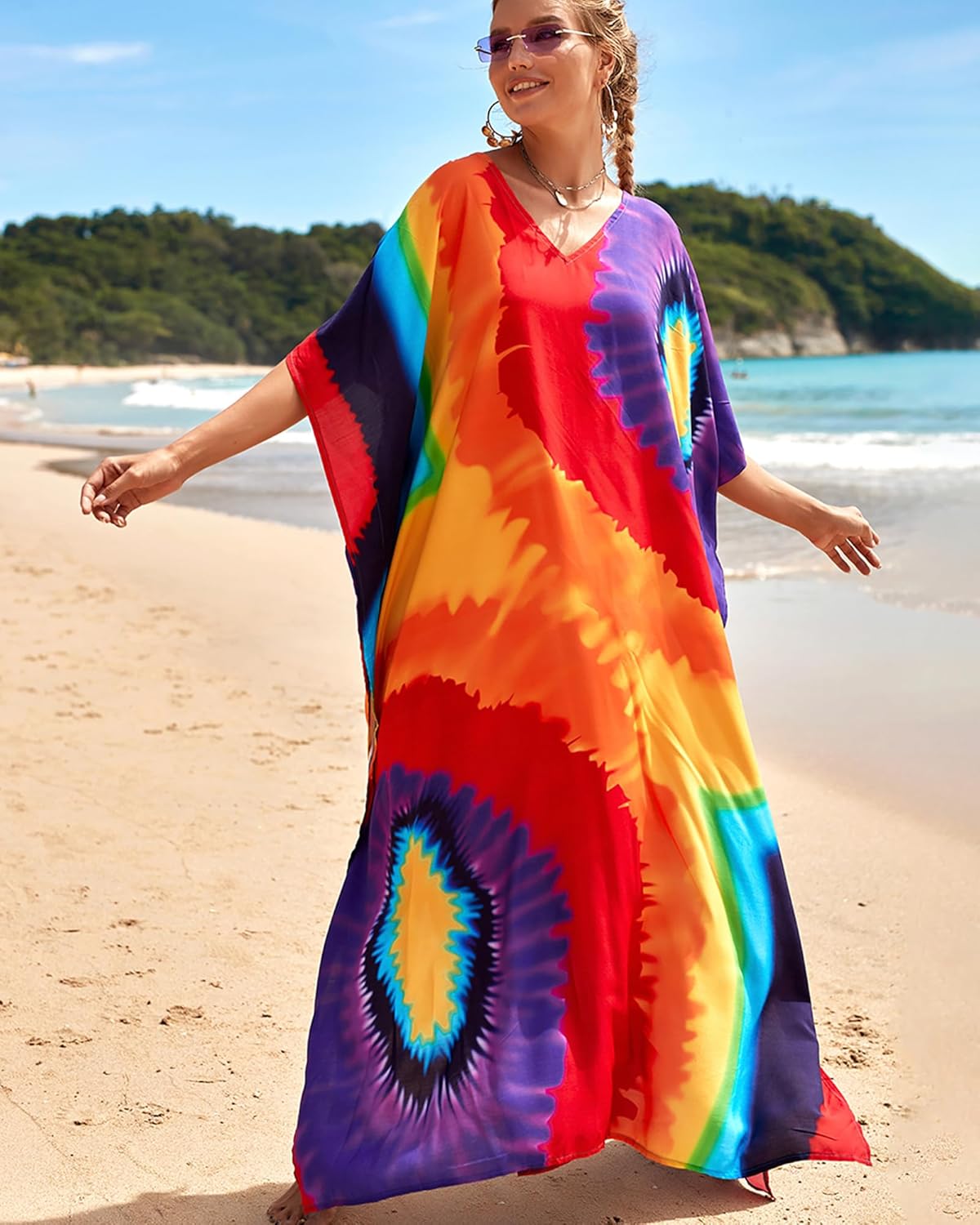 Bsubseach Colorful Beach Cover Up Loose Kaftan Dress Short Sleeve Swimsuit Coverup for Women Rainbow