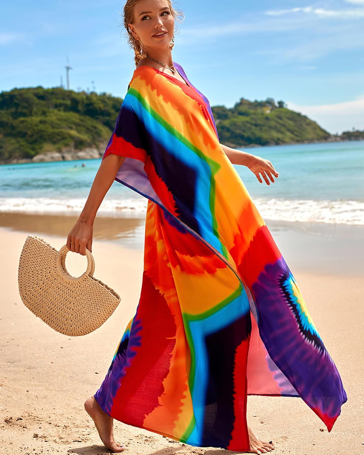 Bsubseach Colorful Beach Cover Up Loose Kaftan Dress Short Sleeve Swimsuit Coverup for Women Rainbow