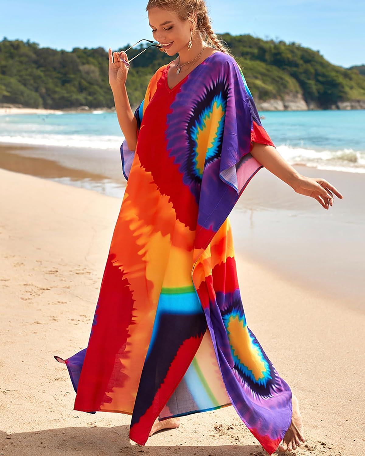 Bsubseach Colorful Beach Cover Up Loose Kaftan Dress Short Sleeve Swimsuit Coverup for Women Rainbow