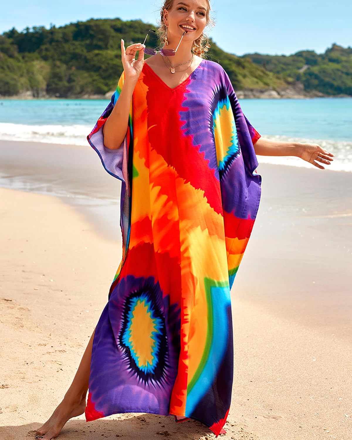 Bsubseach Colorful Beach Cover Up Loose Kaftan Dress Short Sleeve Swimsuit Coverup for Women Rainbow