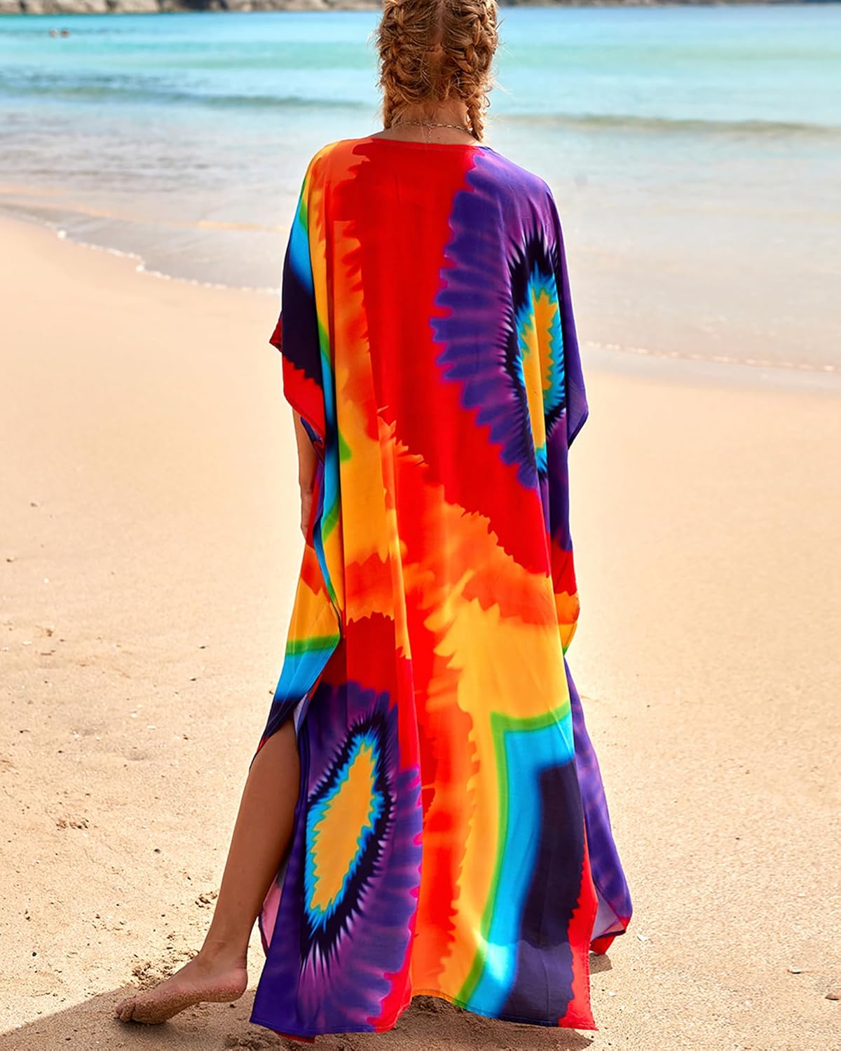 Bsubseach Colorful Beach Cover Up Loose Kaftan Dress Short Sleeve Swimsuit Coverup for Women Rainbow