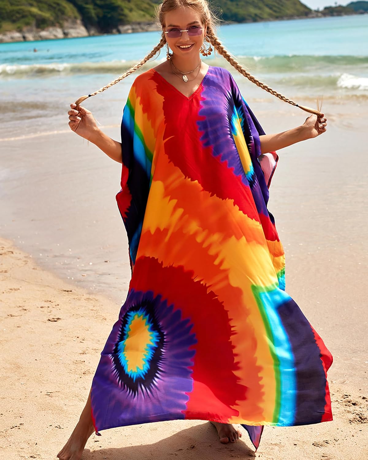 Bsubseach Colorful Beach Cover Up Loose Kaftan Dress Short Sleeve Swimsuit Coverup for Women Rainbow